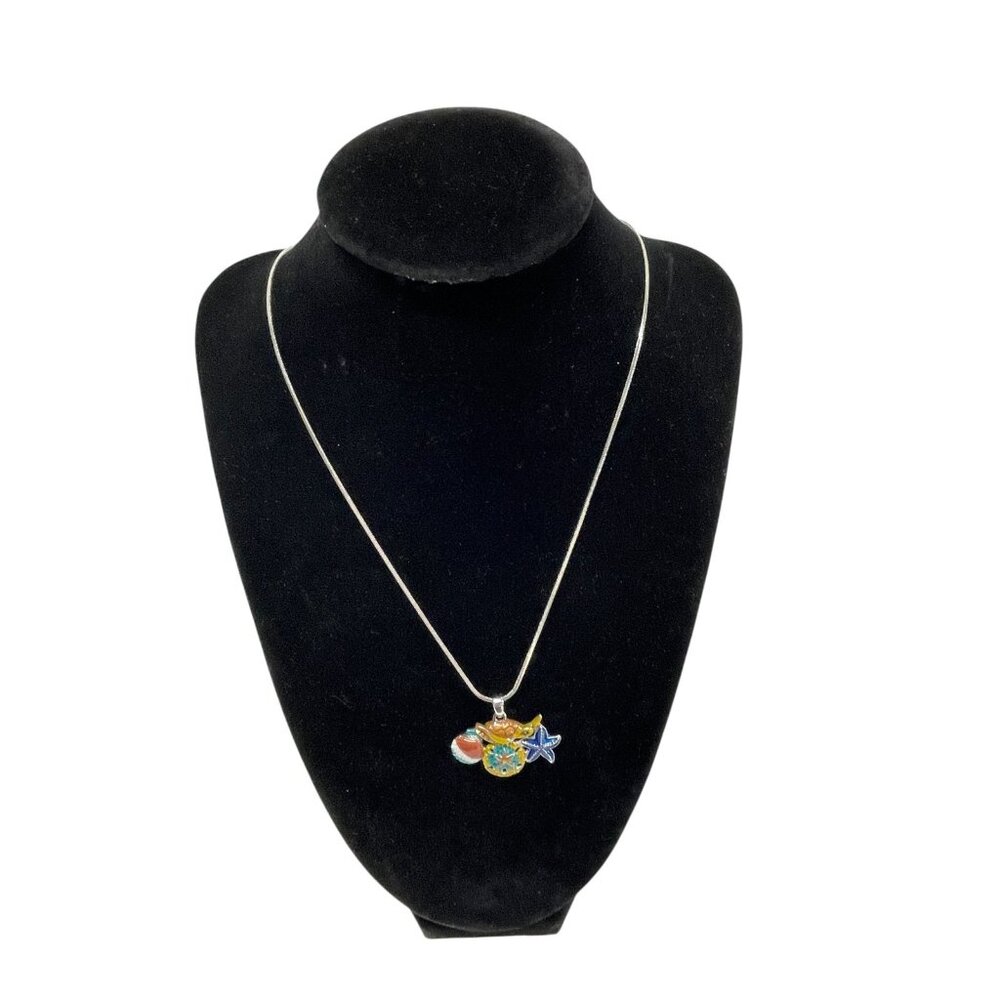 Fashion Beach‎ Ocean Theme Multi-Charm Necklace Silver Tone Snake Chain Pendant